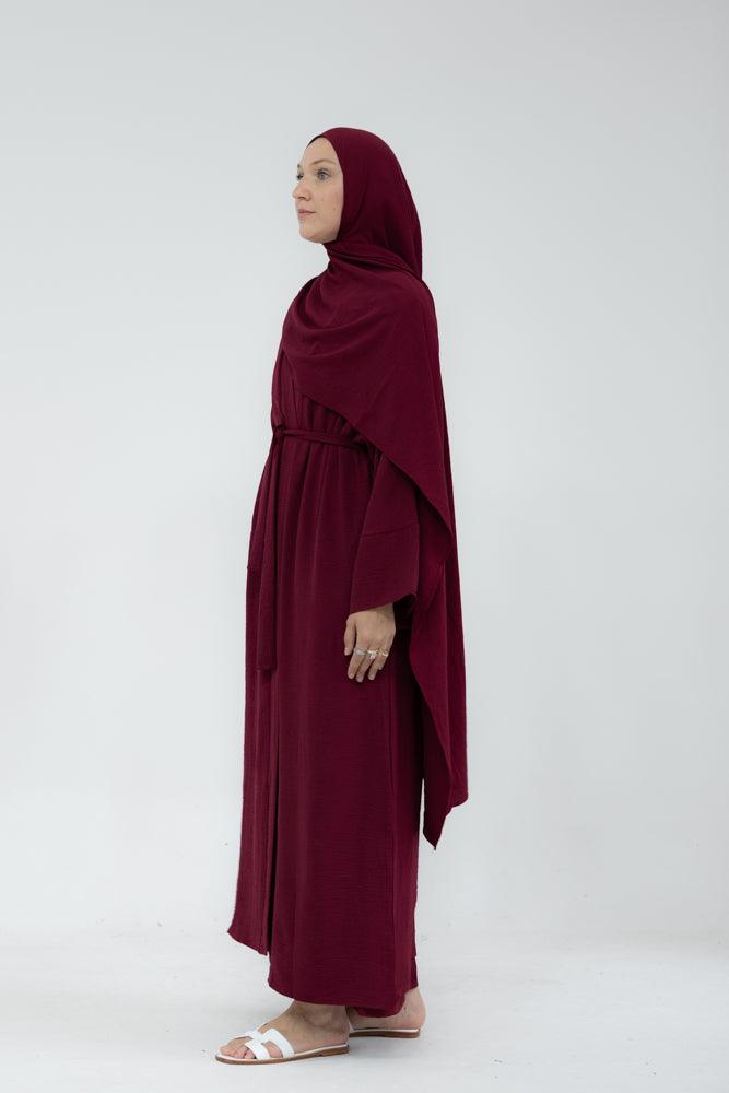 Matiar abaya three piece set with scarf and inner dress and belt in Maroon - ANNAH HARIRI