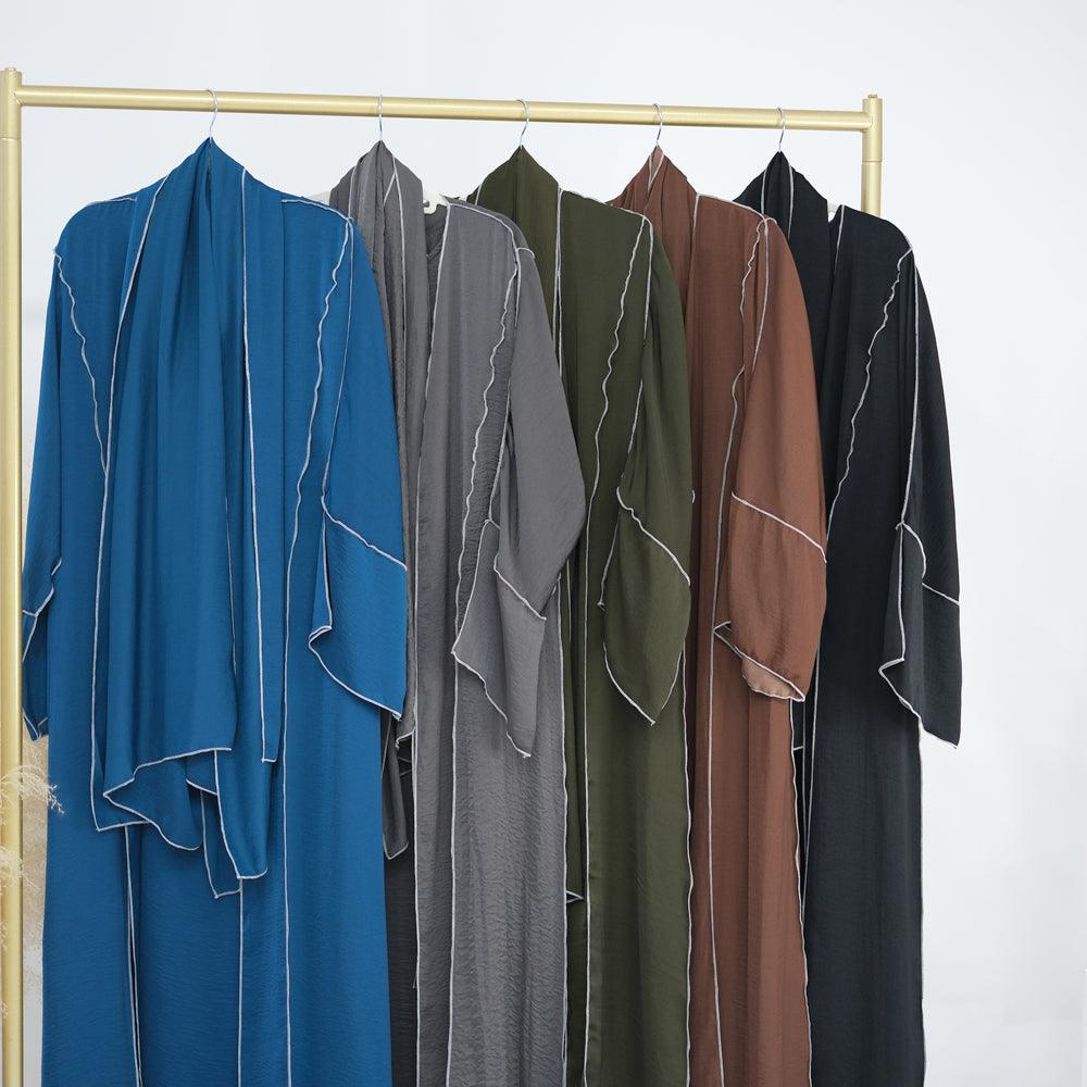 Monamur Black three piece set abaya with sleeveless inner dress detachable belt scarf throw over abaya - ANNAH HARIRI