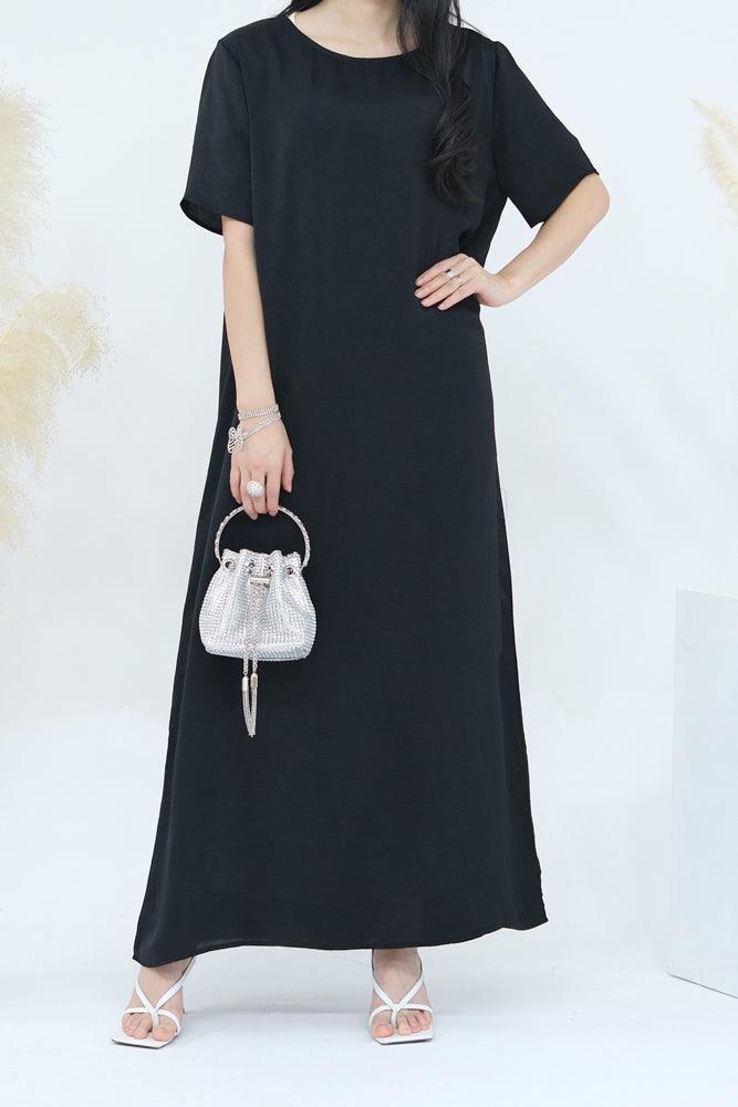 Monamur Black three piece set abaya with sleeveless inner dress detachable belt scarf throw over abaya - ANNAH HARIRI
