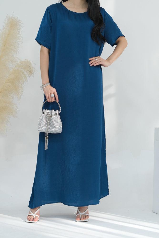 Monamur Blue three piece set abaya with sleeveless inner dress detachable belt scarf throw over abaya - ANNAH HARIRI