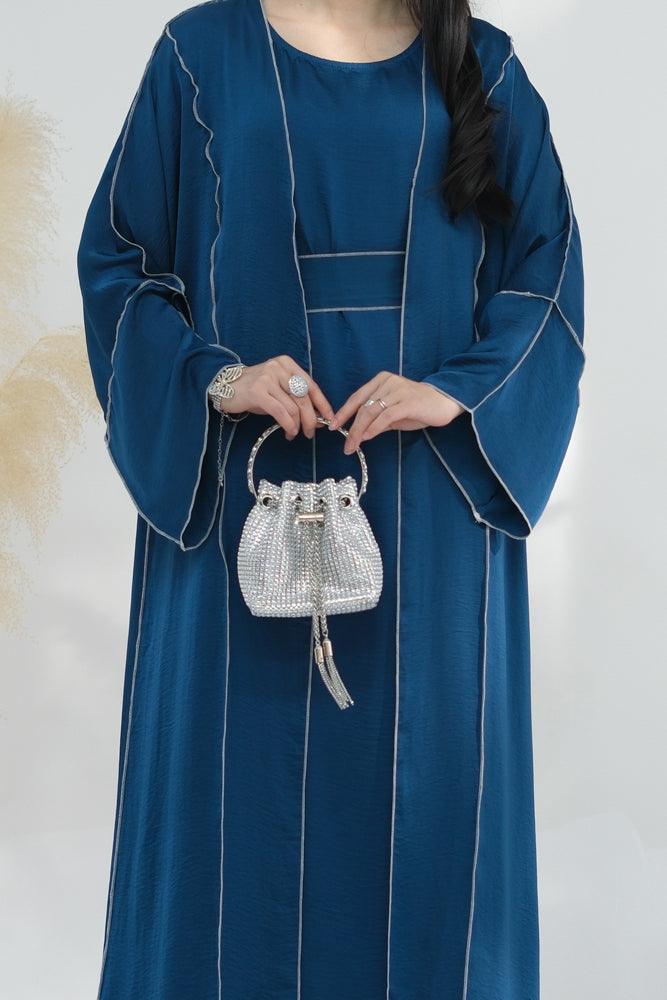Monamur Blue three piece set abaya with sleeveless inner dress detachable belt scarf throw over abaya - ANNAH HARIRI