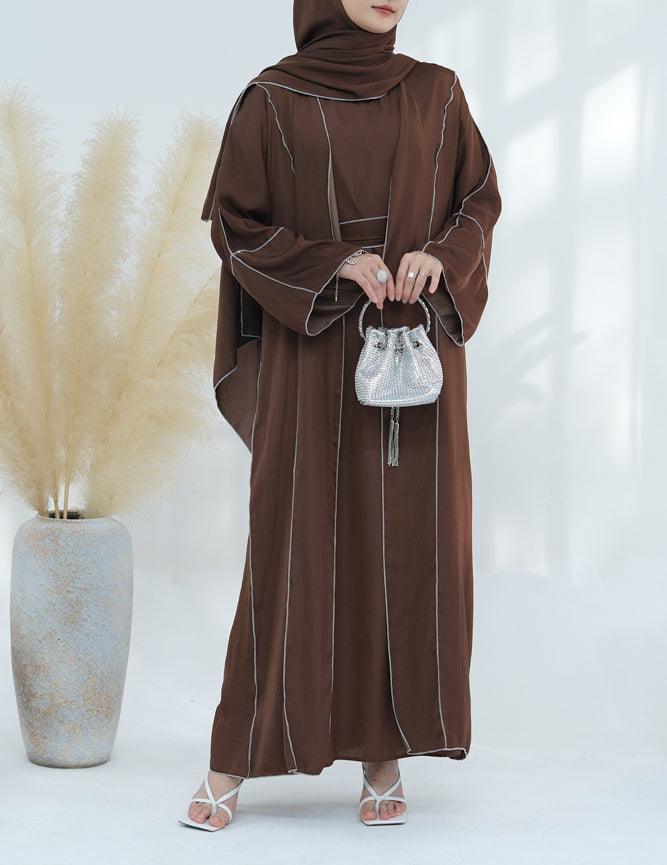 Monamur Brown three piece set abaya with sleeveless inner dress detachable belt scarf throw over abaya - ANNAH HARIRI