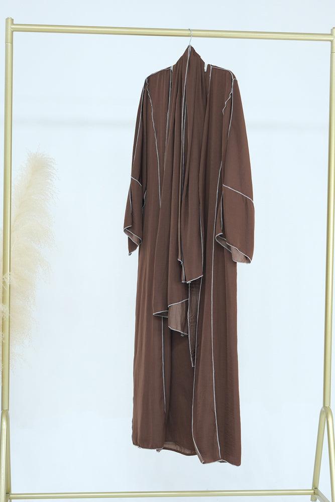 Monamur Brown three piece set abaya with sleeveless inner dress detachable belt scarf throw over abaya - ANNAH HARIRI