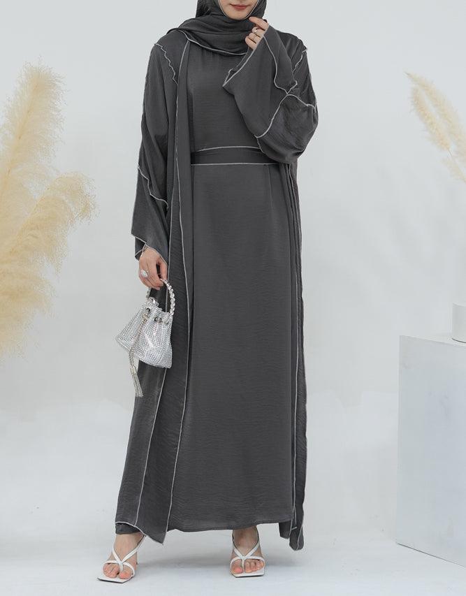 Monamur Grey three piece set abaya with sleeveless inner dress detachable belt scarf throw over abaya - ANNAH HARIRI