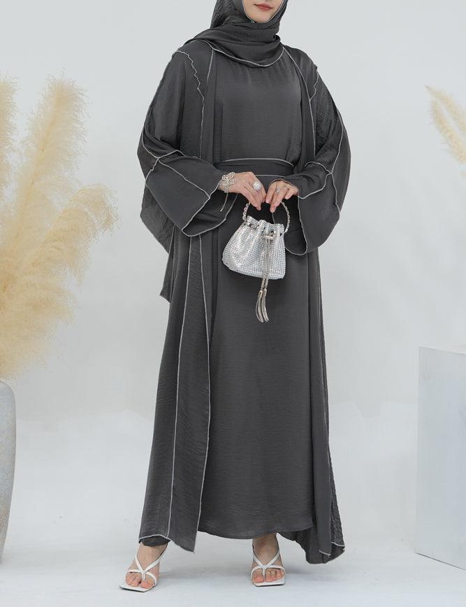 Monamur Grey three piece set abaya with sleeveless inner dress detachable belt scarf throw over abaya - ANNAH HARIRI