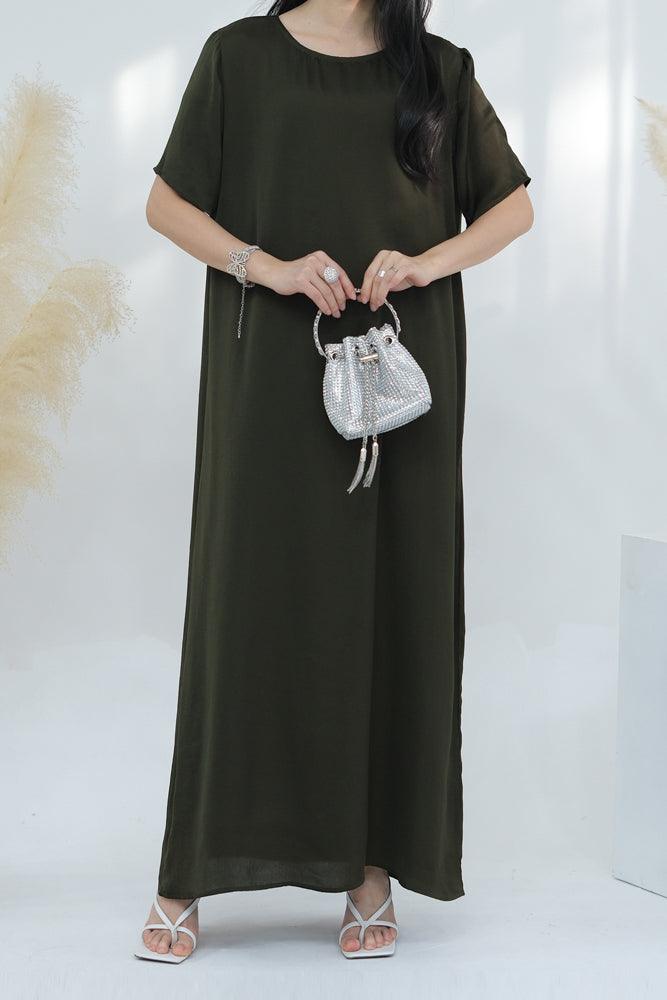 Monamur Olive three piece set abaya with sleeveless inner dress detachable belt scarf throw over abaya - ANNAH HARIRI