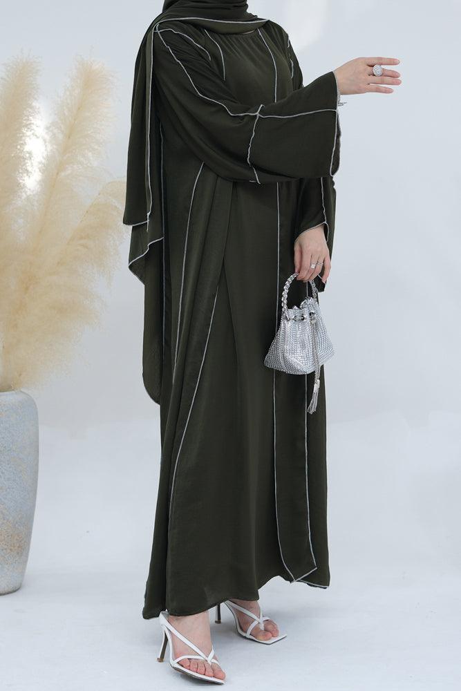 Monamur Olive three piece set abaya with sleeveless inner dress detachable belt scarf throw over abaya - ANNAH HARIRI