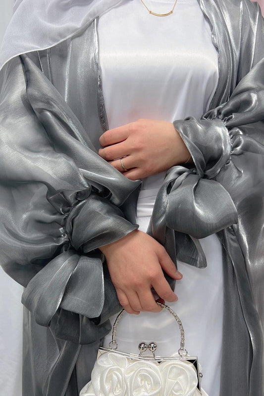 Monika Faux Organza open front abaya with bow tie sleeves in light gray - ANNAH HARIRI