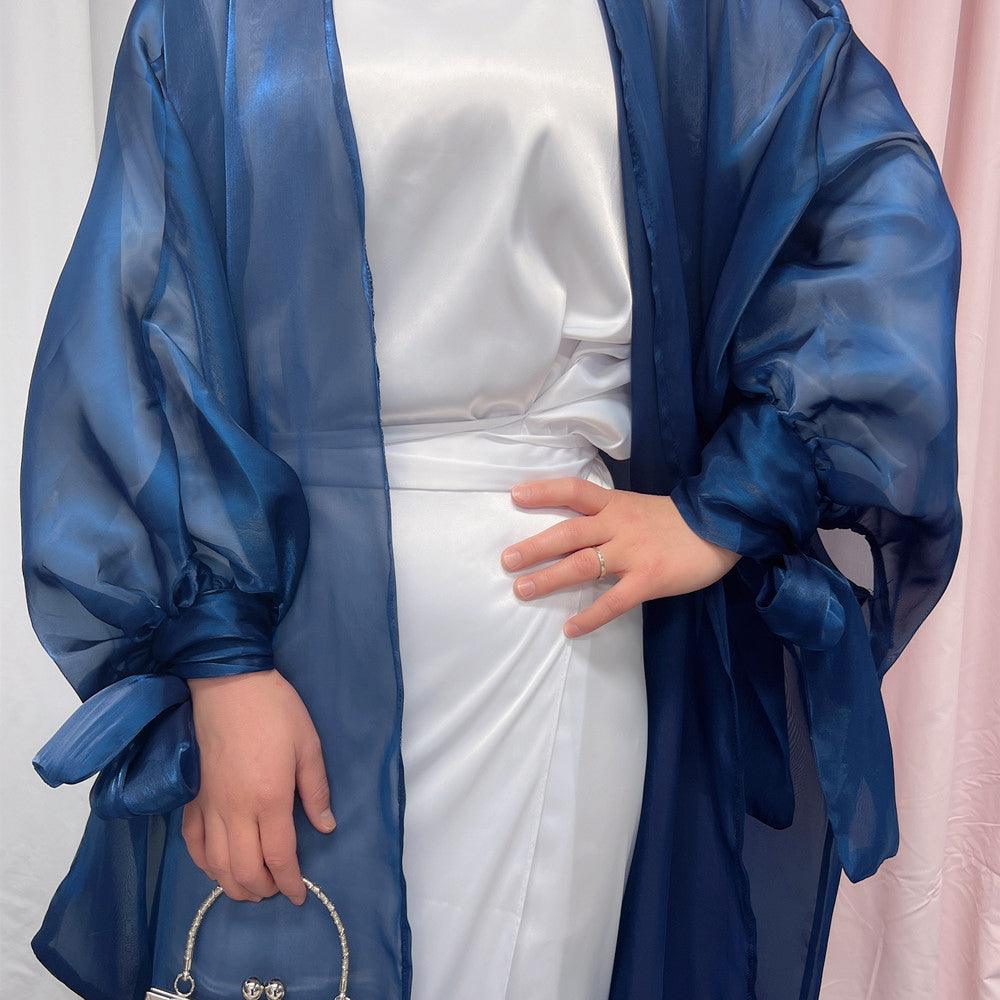 Monika Faux Organza open front abaya with bow tie sleeves in navy - ANNAH HARIRI