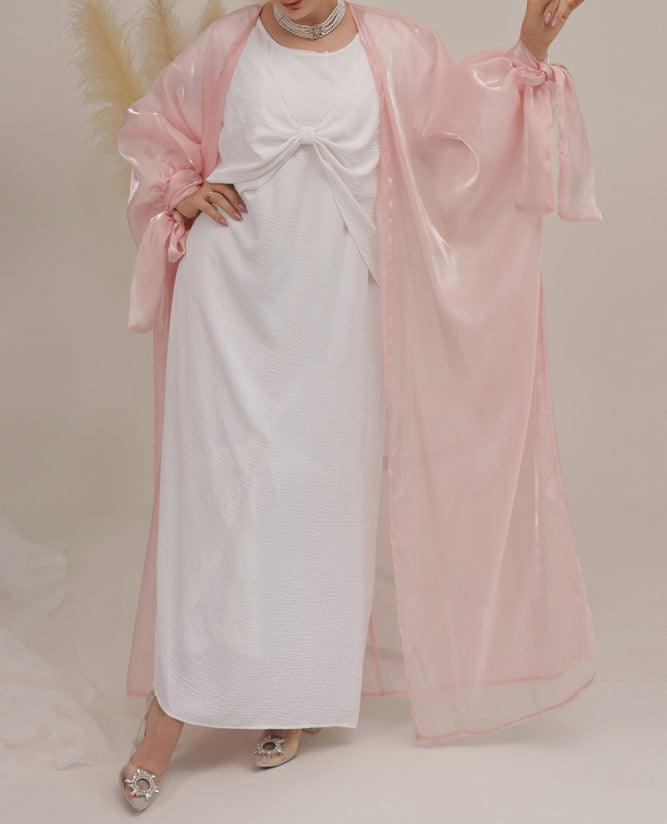 Monika Faux Organza open front abaya with bow tie sleeves in pink - ANNAH HARIRI