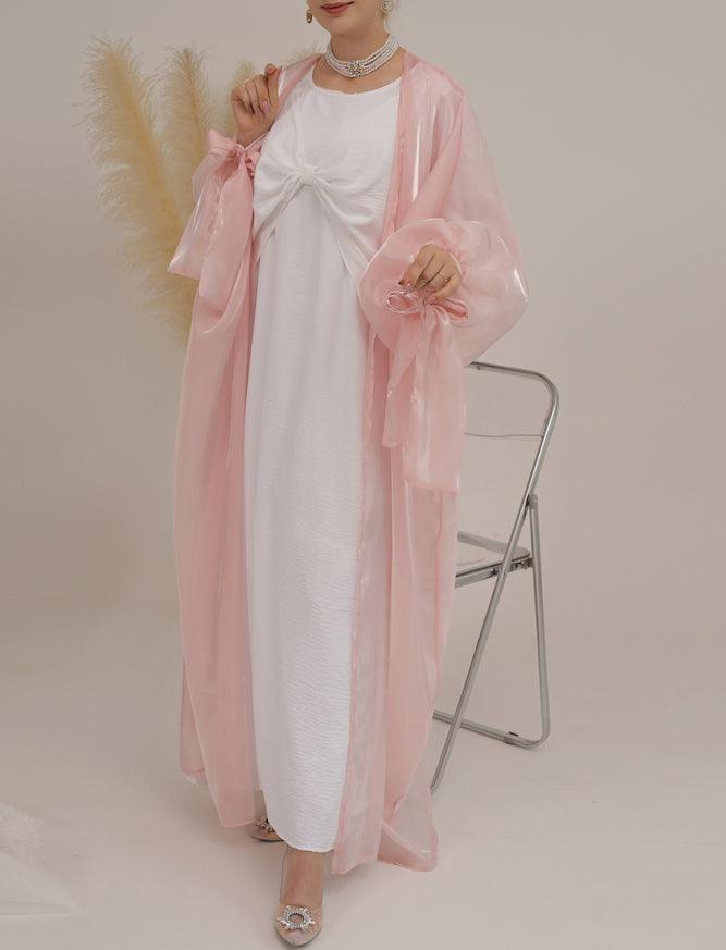 Monika Faux Organza open front abaya with bow tie sleeves in pink - ANNAH HARIRI