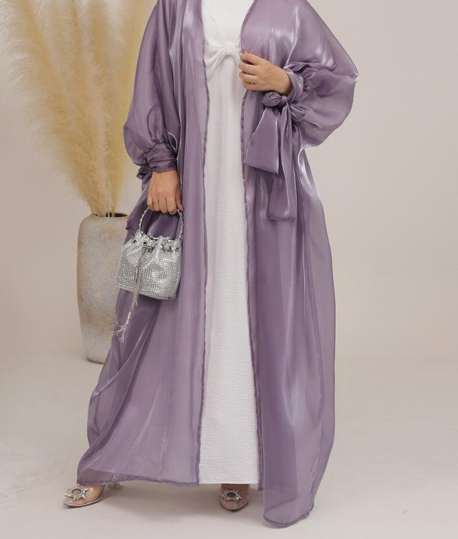 Monika Faux Organza open front abaya with bow tie sleeves in purple - ANNAH HARIRI