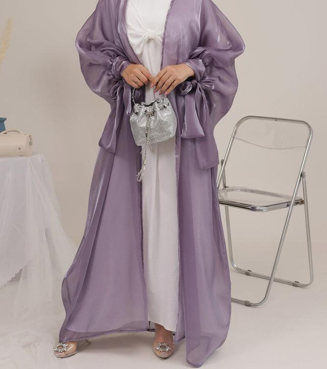 Monika Faux Organza open front abaya with bow tie sleeves in purple - ANNAH HARIRI