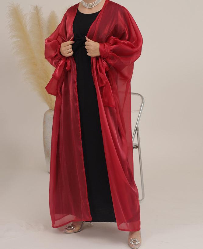 Monika Faux Organza open front abaya with bow tie sleeves in red - ANNAH HARIRI