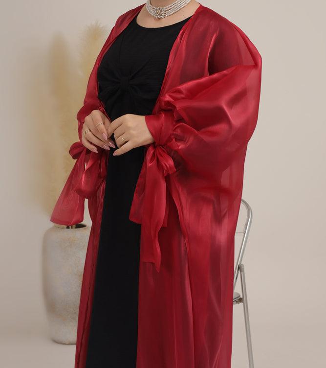 Monika Faux Organza open front abaya with bow tie sleeves in red - ANNAH HARIRI