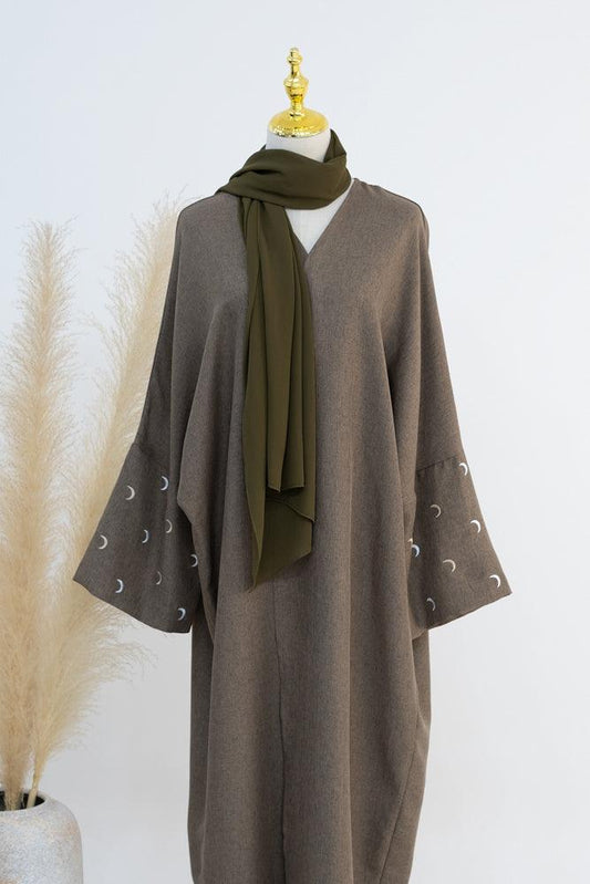 Moona abaya throw over with moon embroidery on sleeves in brown - ANNAH HARIRI