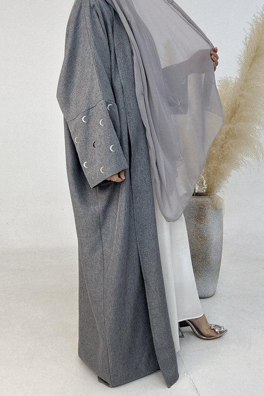 Moona abaya throw over with moon embroidery on sleeves in gray - ANNAH HARIRI
