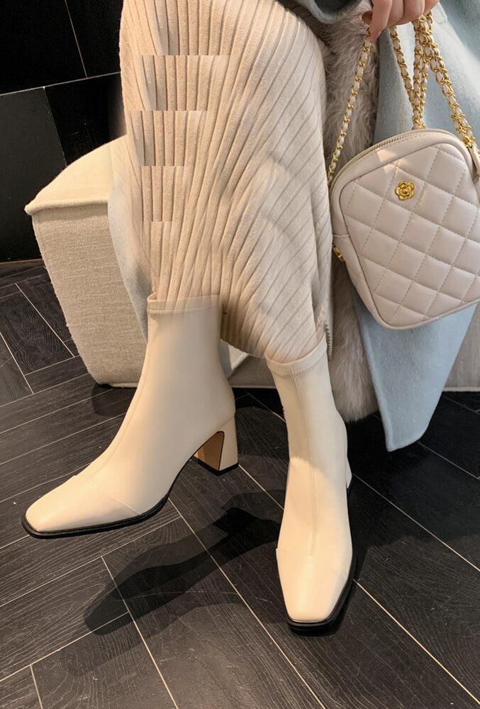 Pairs Women's Ankle Boots Square Toe Block Heel Short Booties with Back side Zipper in white - ANNAH HARIRI