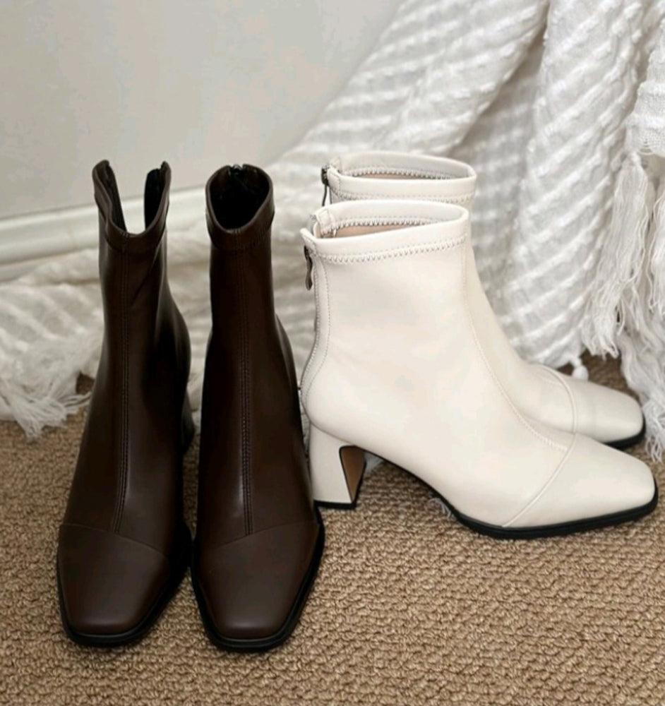 Pairs Women's Ankle Boots Square Toe Block Heel Short Booties with Back side Zipper in white - ANNAH HARIRI