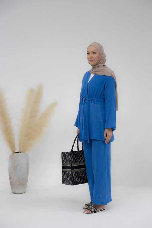 Pants Marina in pure cotton with elasticated waistline and pockets in royal blue - ANNAH HARIRI