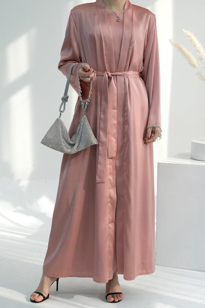Pink Al Sheikha classic abaya throw over with embellished sleeves and belt - ANNAH HARIRI