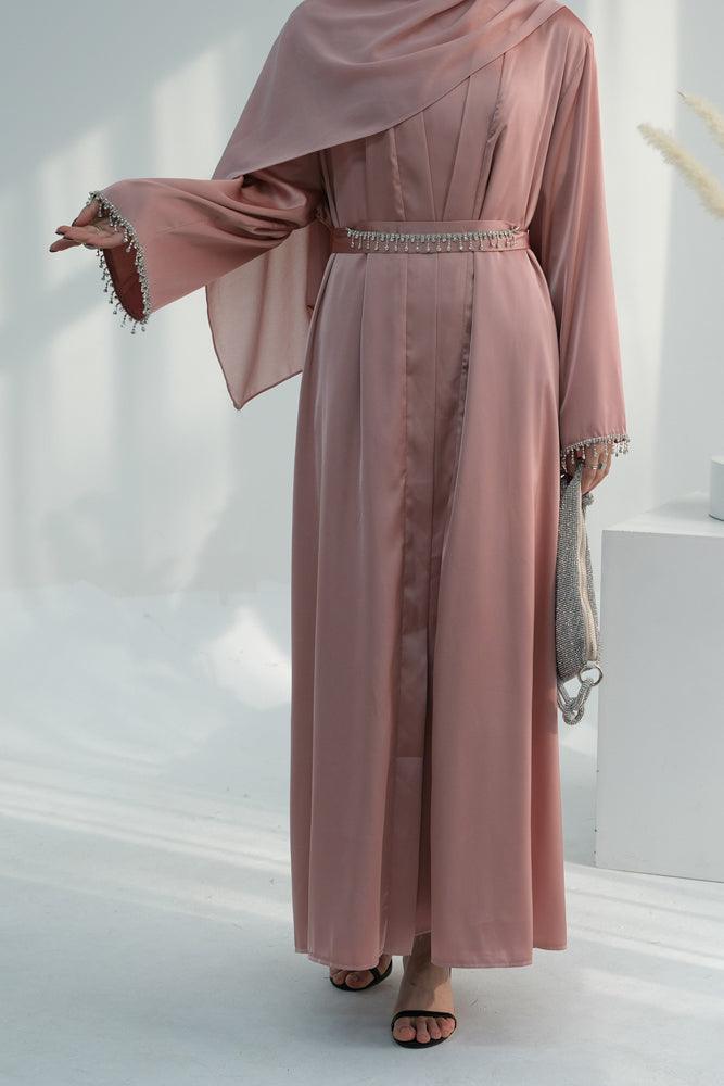 Pink Al Sheikha classic abaya throw over with embellished sleeves and belt - ANNAH HARIRI