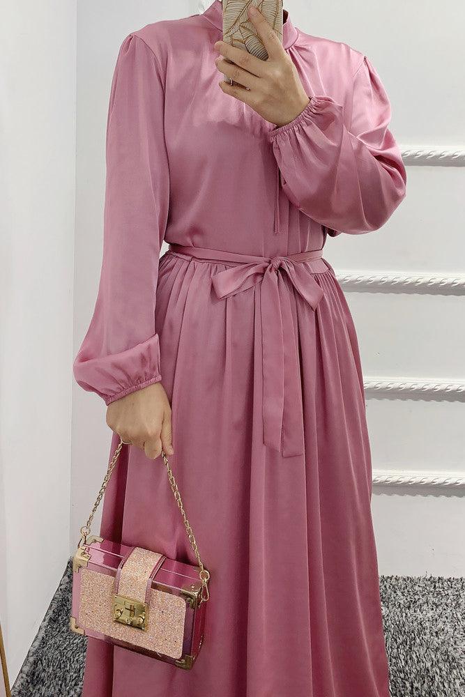 Pink Ansaara maxi satin dress with long sleeves elasticated cuffs and belt - ANNAH HARIRI