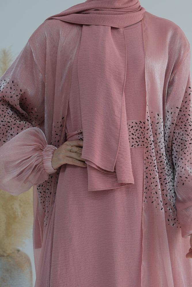 Pink Maret embroidered faux organza open front abaya with a detachable belt - ANNAH HARIRI