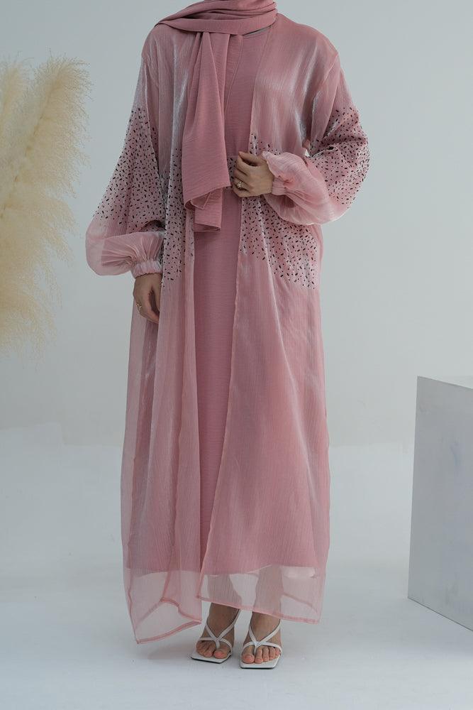 Pink Maret embroidered faux organza open front abaya with a detachable belt - ANNAH HARIRI