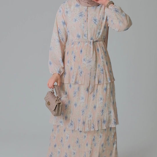 Lili ditsy floral maxi dress long sleeve with a pleated three tier skirt and a detachable belt