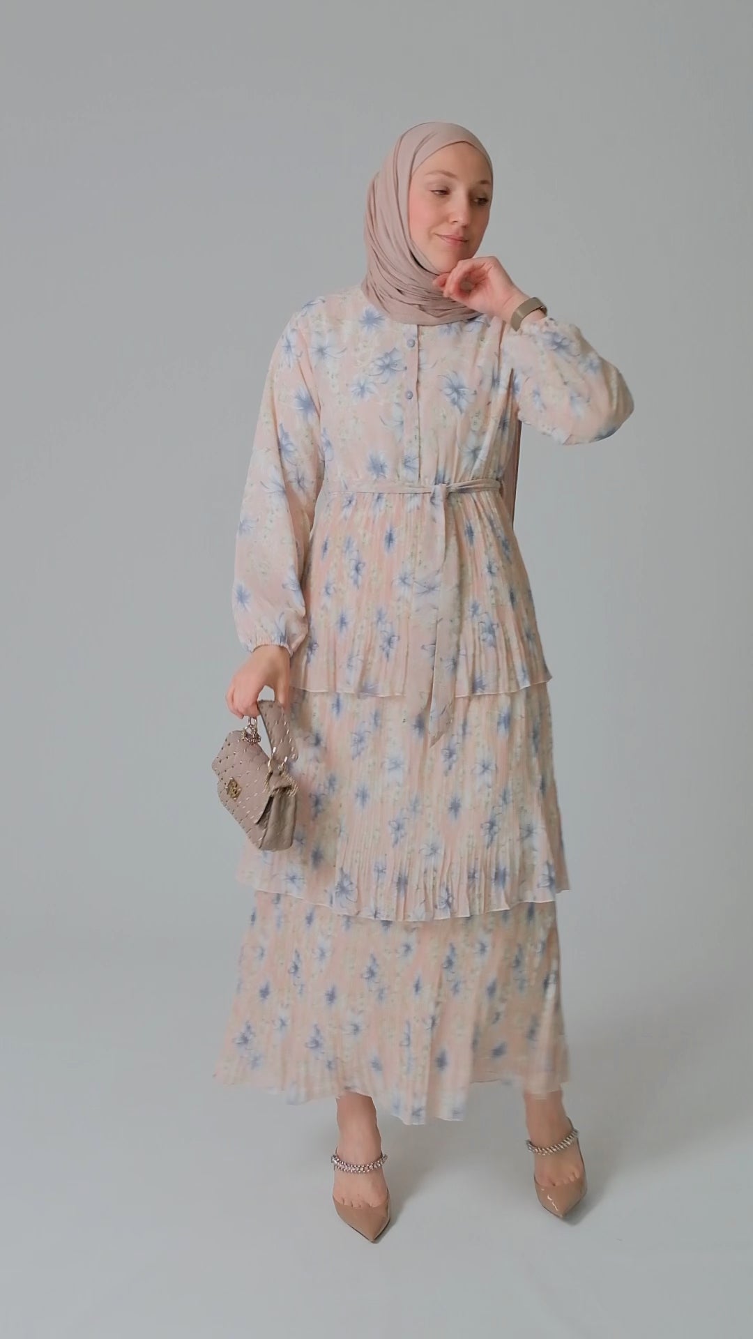 Lili ditsy floral maxi dress long sleeve with a pleated three tier skirt and a detachable belt