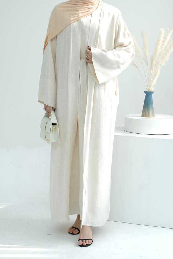 Pure Linen Abaya throw over in Apricot color with belt - ANNAH HARIRI