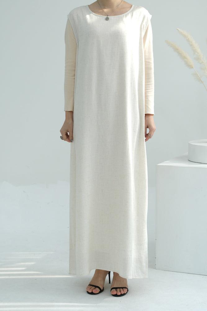 Pure Linen Abaya throw over in Apricot color with belt - ANNAH HARIRI