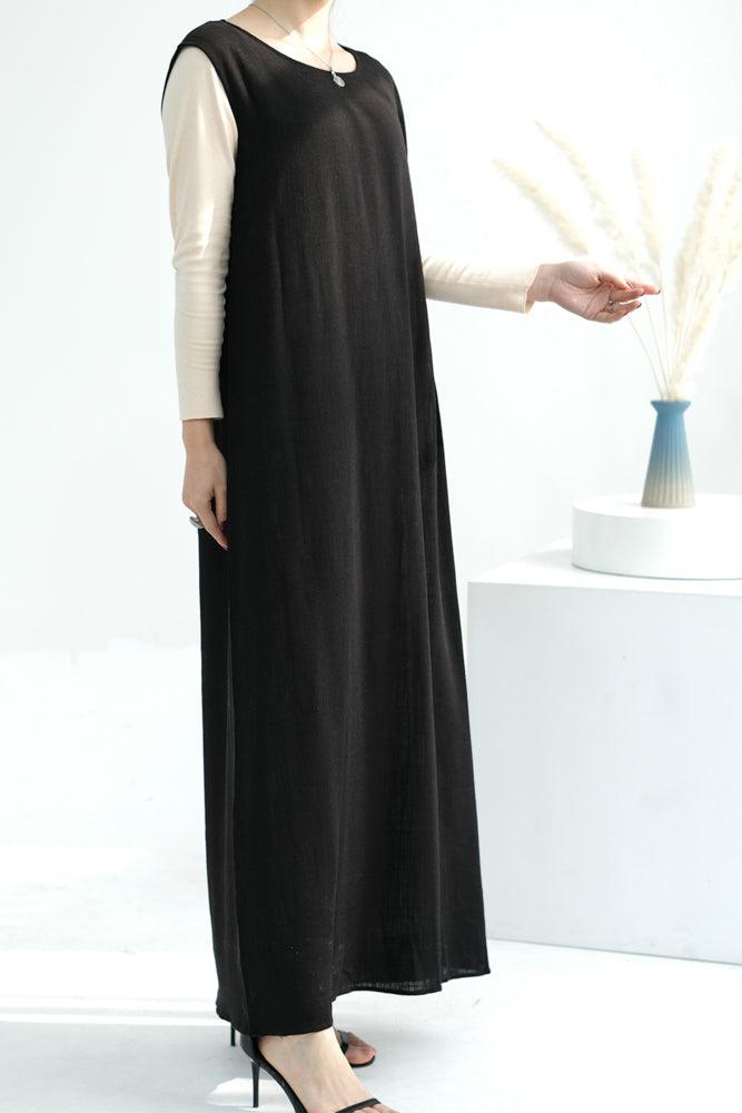 Pure Linen Abaya throw over in Black color with belt - ANNAH HARIRI