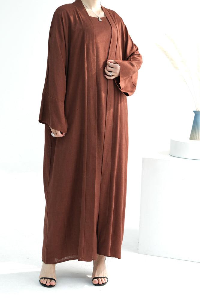 Pure Linen Abaya throw over in Coffee color with belt - ANNAH HARIRI