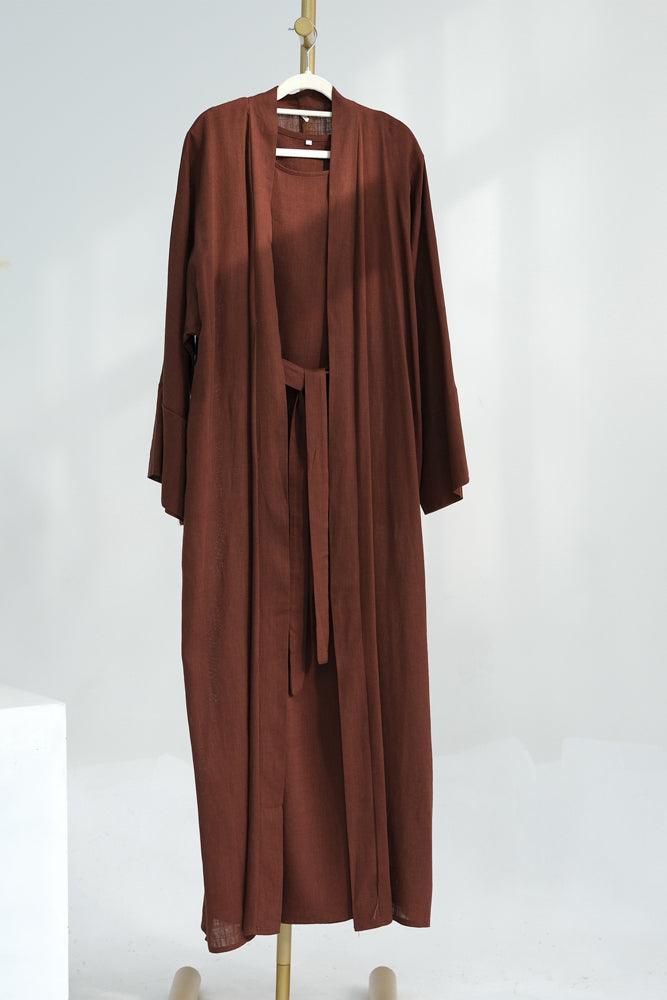 Pure Linen Abaya throw over in Coffee color with belt - ANNAH HARIRI