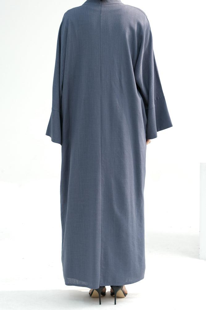Pure Linen Abaya throw over in Gray color with belt - ANNAH HARIRI