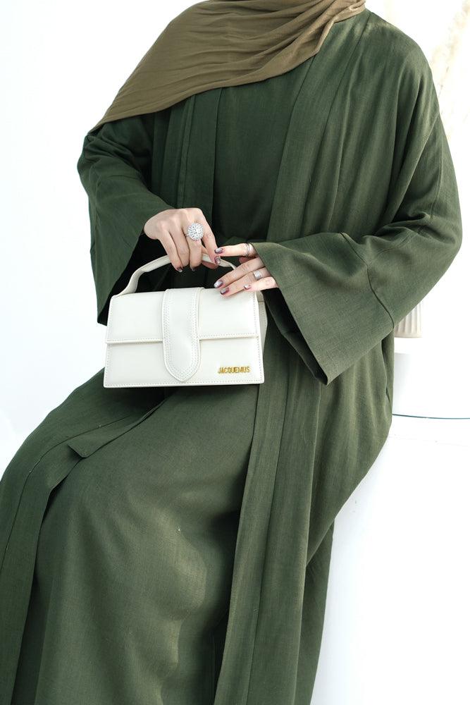 Pure Linen Abaya throw over in Green color with belt - ANNAH HARIRI