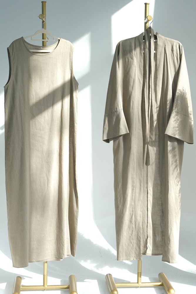 Pure Linen Abaya throw over in Khaki color with belt - ANNAH HARIRI