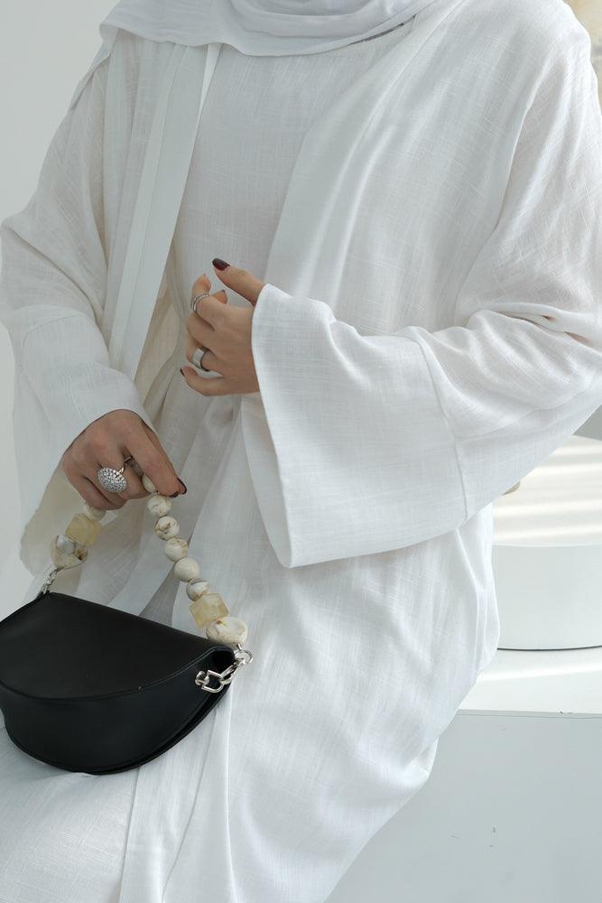 Pure Linen Abaya throw over in White color with belt - ANNAH HARIRI