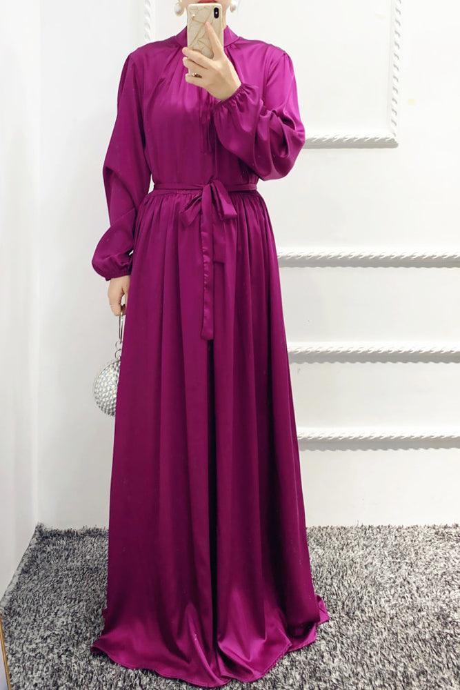 Purple Ansaara maxi satin dress with long sleeves elasticated cuffs and belt - ANNAH HARIRI