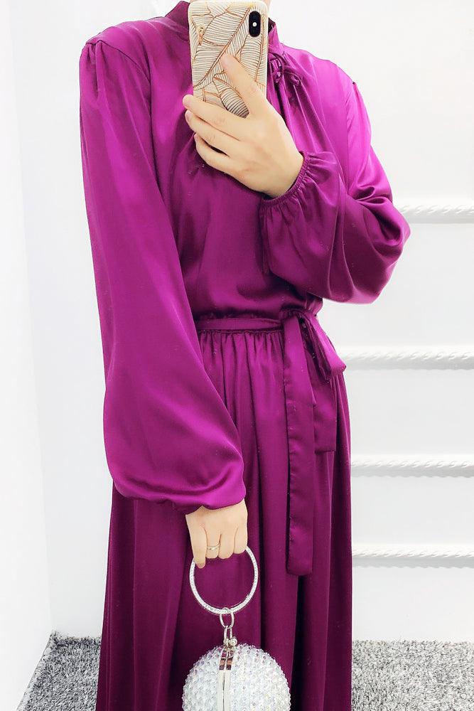 Purple Ansaara maxi satin dress with long sleeves elasticated cuffs and belt - ANNAH HARIRI