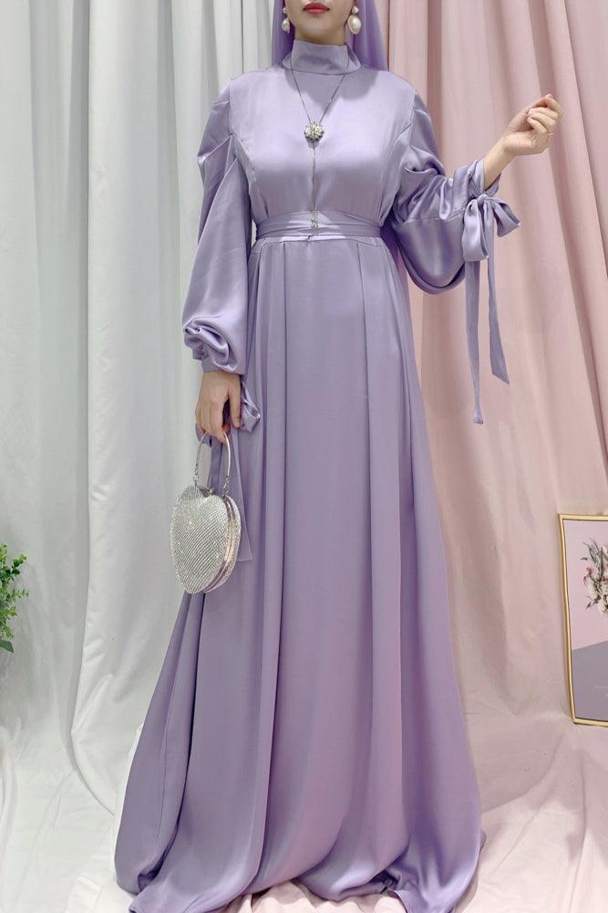 Purple Settia maxi dress with long bow tie sleeves and belt - ANNAH HARIRI