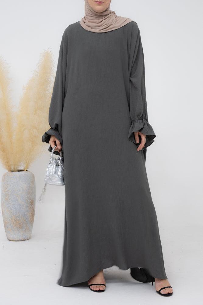 Radwa batwing abaya with ruched sleeve and loose cut in dark grey - ANNAH HARIRI