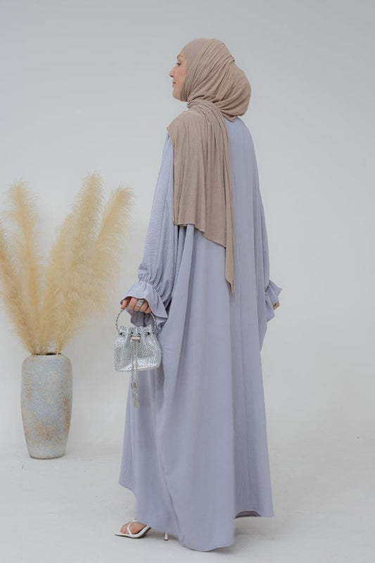 Radwa batwing abaya with ruched sleeve and loose cut in light grey - ANNAH HARIRI