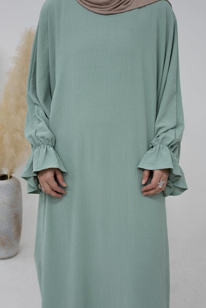 Radwa batwing abaya with ruched sleeve and loose cut in mint green - ANNAH HARIRI