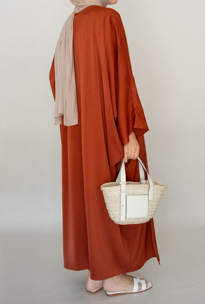 Rare abaya throw over open front in satin red - ANNAH HARIRI