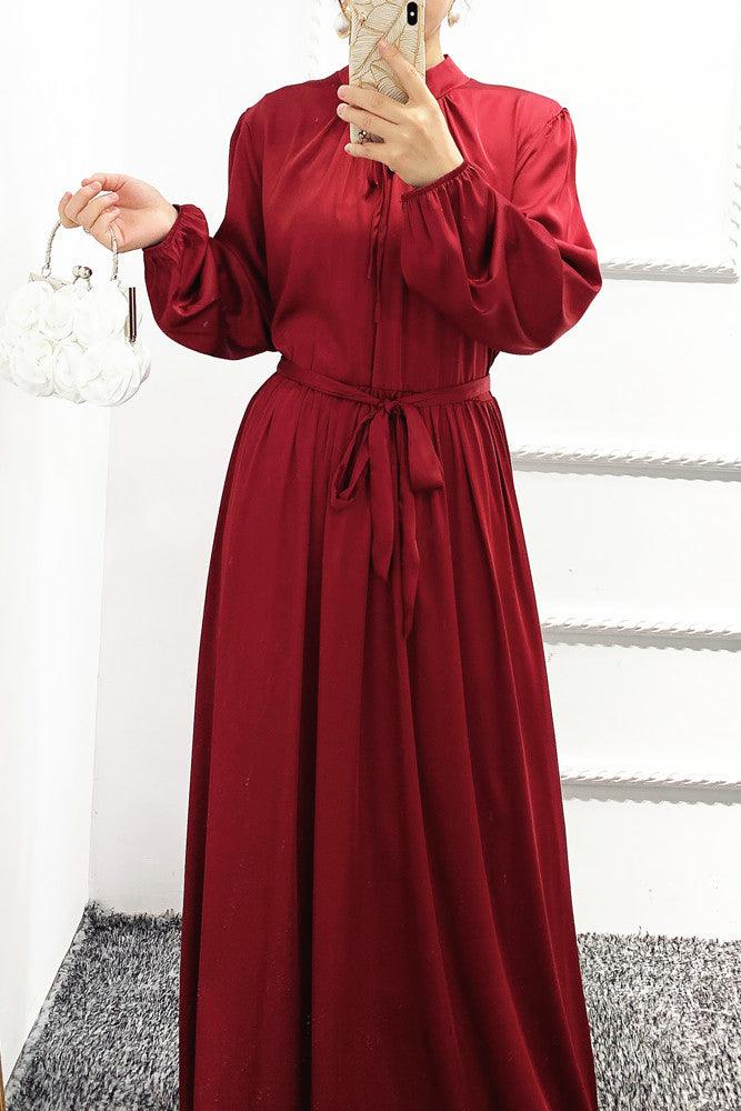 Red Ansaara maxi satin dress with long sleeves elasticated cuffs and belt - ANNAH HARIRI