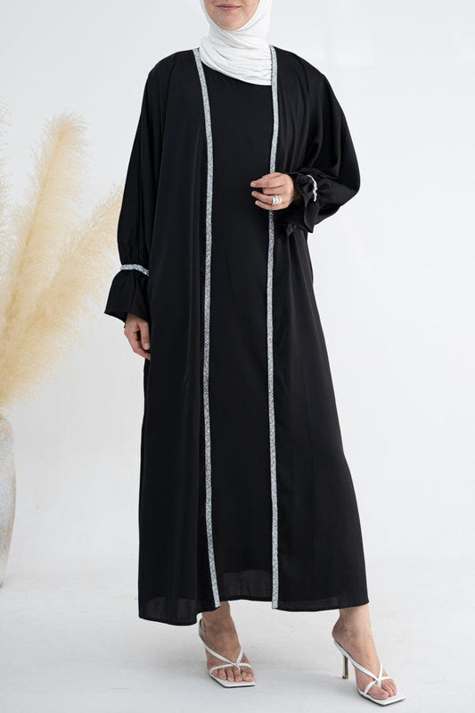 Sandalwood abaya in black with embellished ribbon detail in black - ANNAH HARIRI