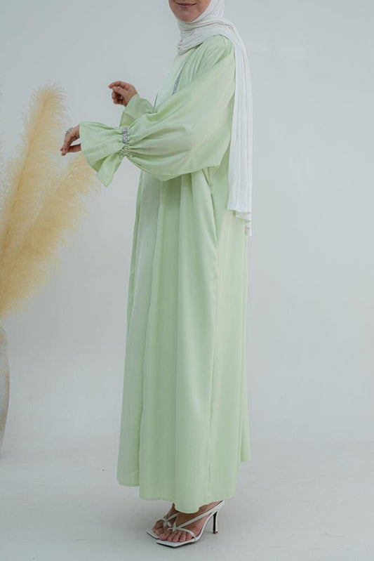 Sandalwood abaya in black with embellished ribbon detail in light green - ANNAH HARIRI